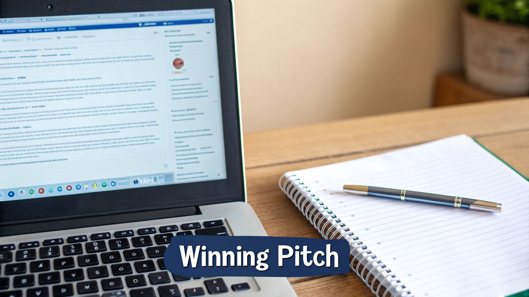 A person writing a compelling pitch email on a laptop, with a focused and creative expression.