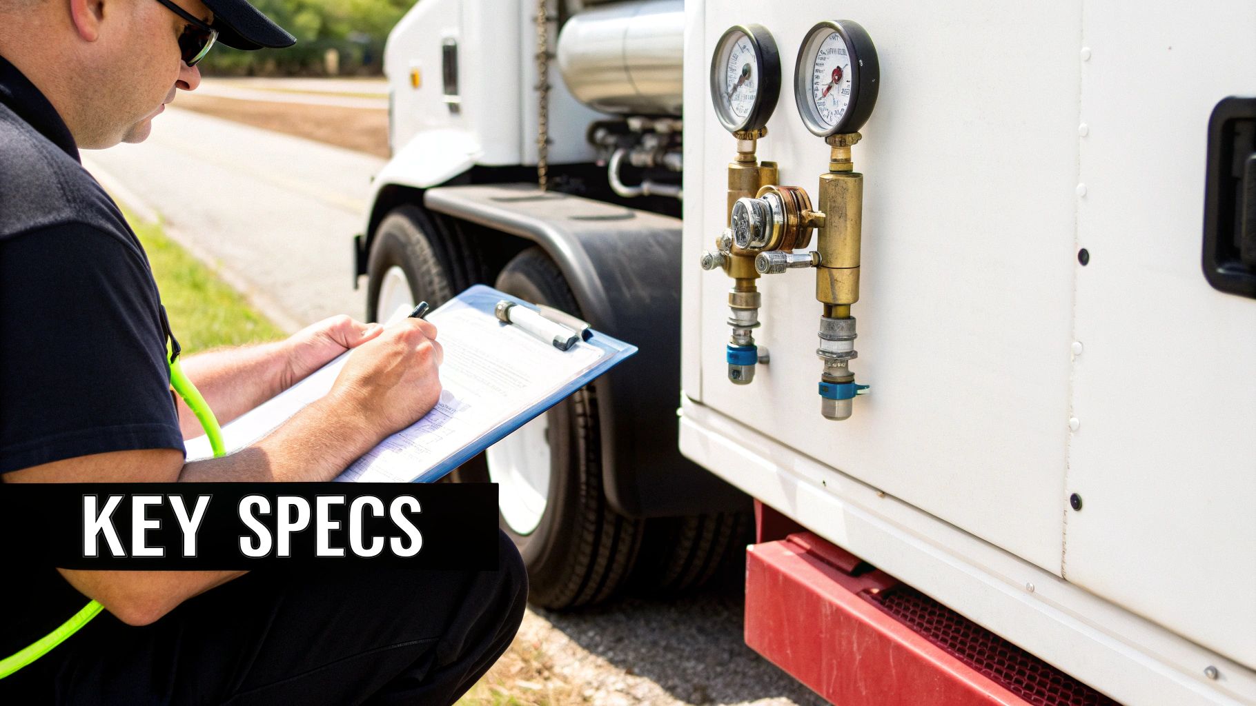 Technician reviews key specifications on a clipboard next to a white truck with visible pressure gauges.