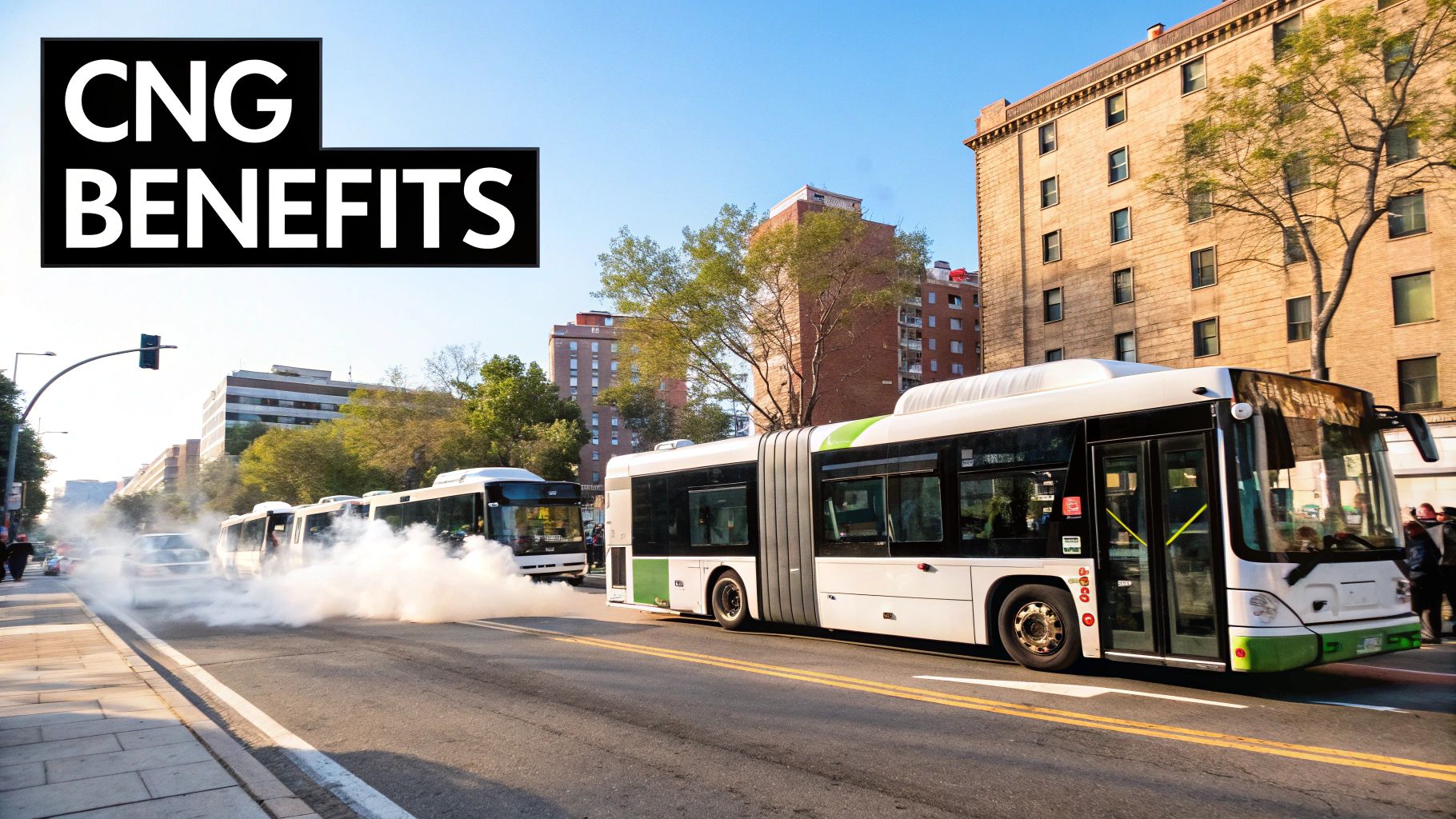 A CNG-powered commercial truck refueling under a covered station, highlighting the benefits of adopting this fuel.