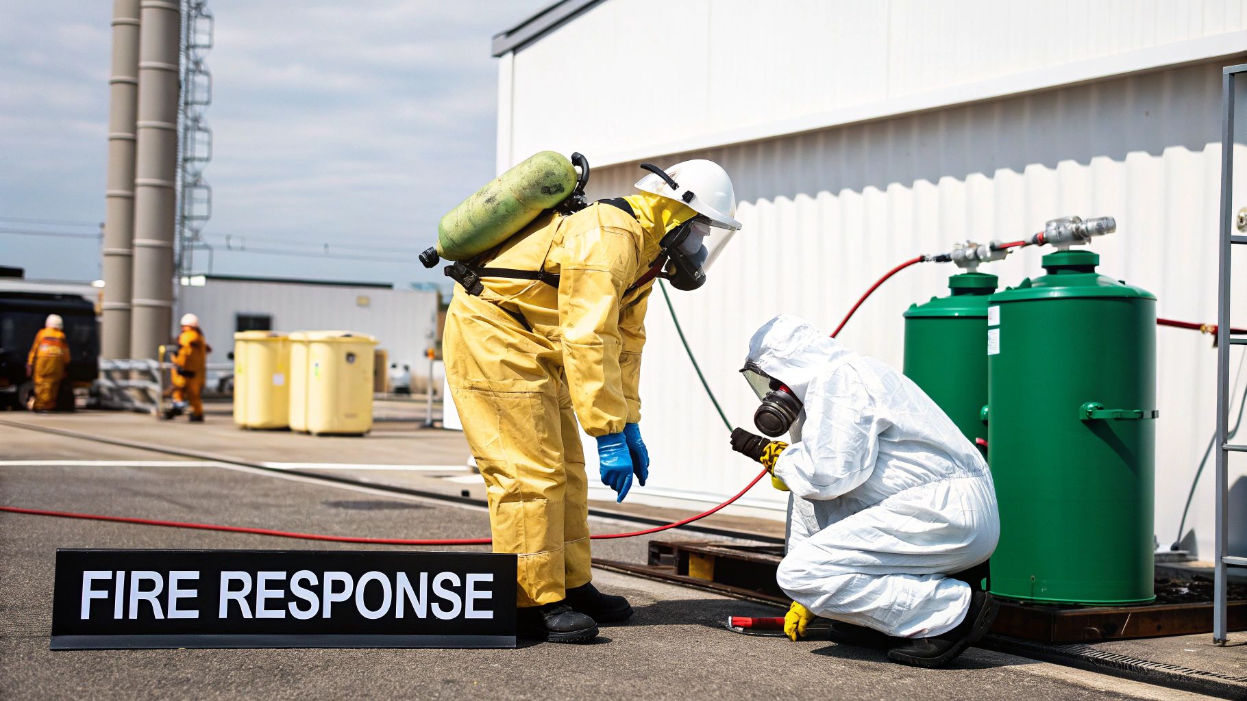 Workers in hazmat suits practicing a fire response drill at an industrial site.