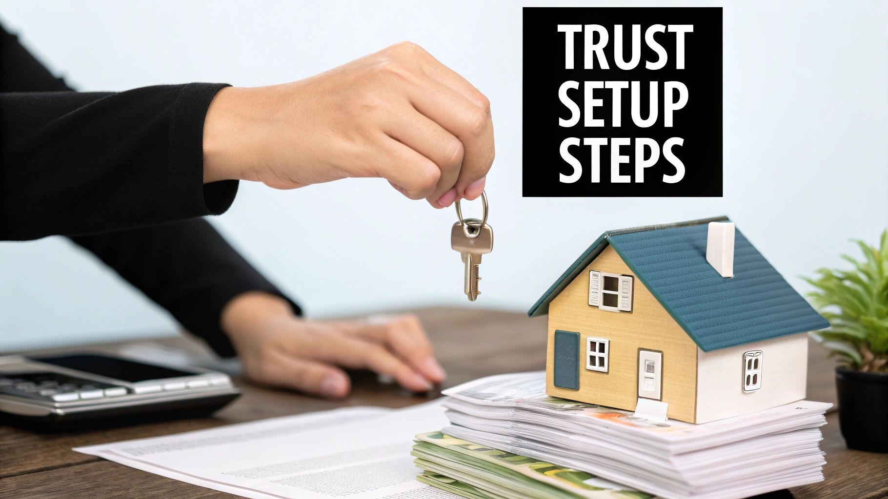 A hand holding a house key above a miniature house, money, and documents, with 'TRUST SETUP STEPS' text.