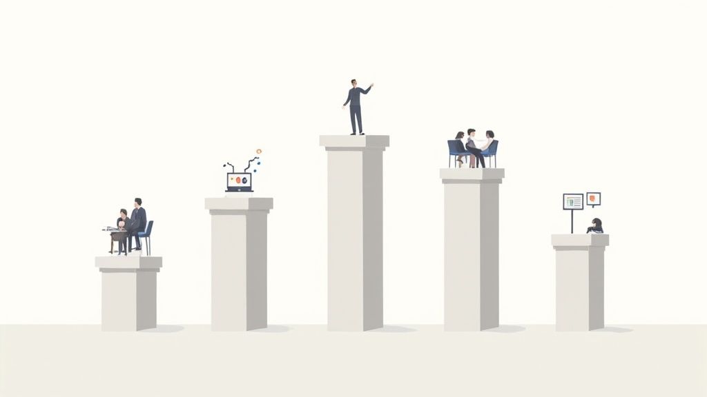 Team brainstorming the pillars of a digital strategy on a whiteboard.