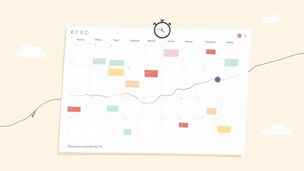 A colorful calendar interface showing scheduled events with blocks, a trend line, and a stopwatch.
