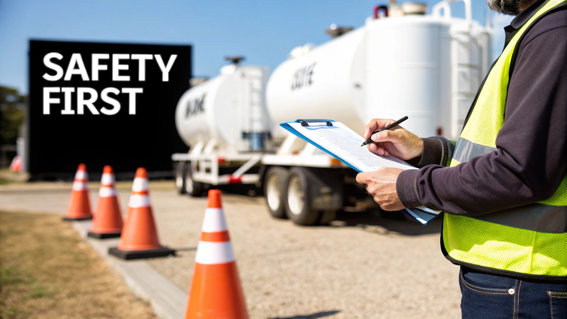 Safety inspector with clipboard conducting inspection at gas transport tanker truck facility