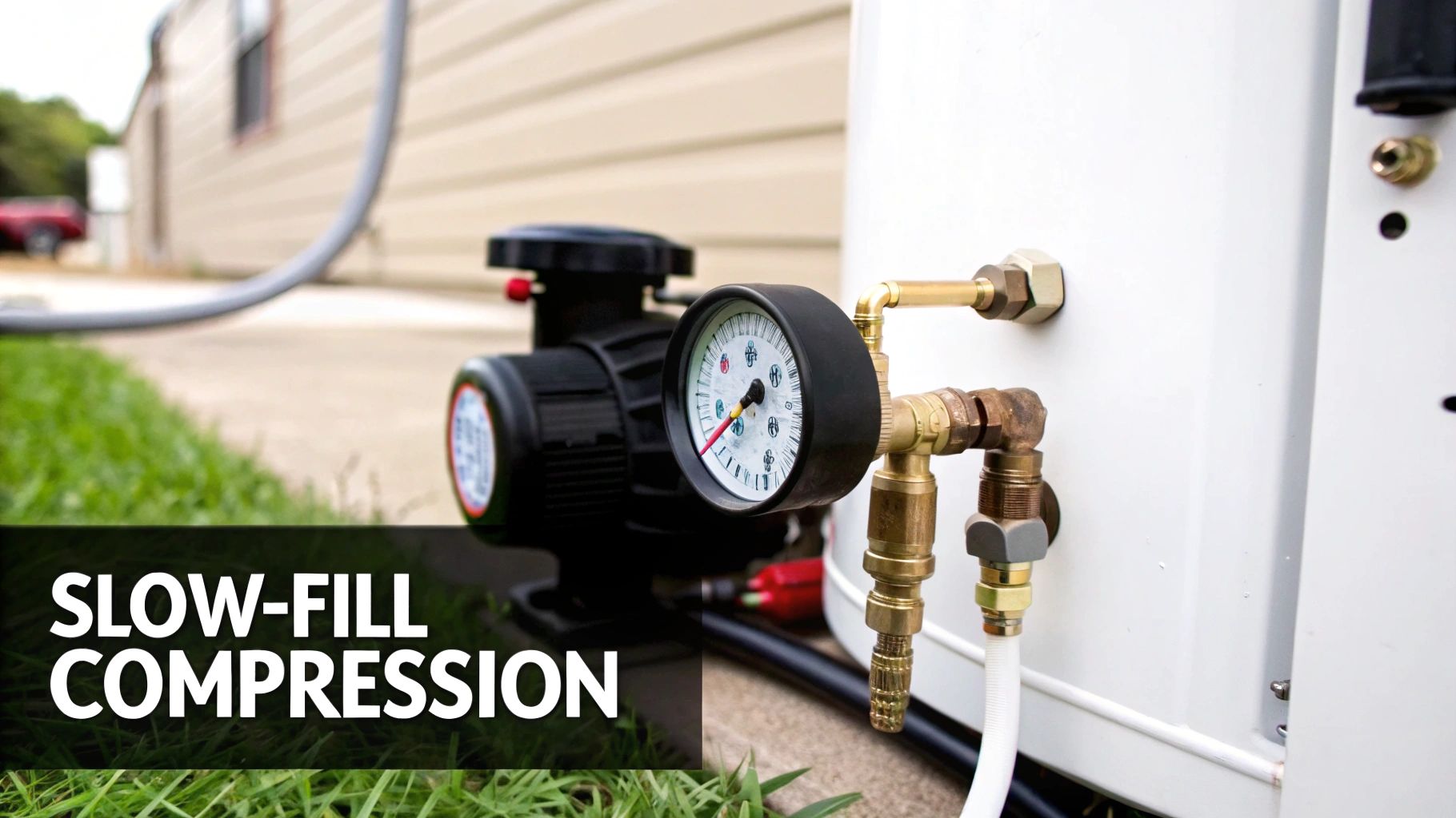 Close-up of a pressure gauge and brass plumbing connections on a white tank with a black pump and green grass.