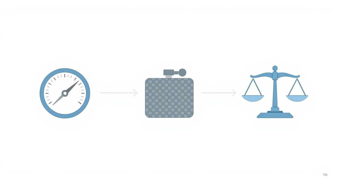 Process flow diagram showing gauge measurement, storage container, and balance scale in sequence