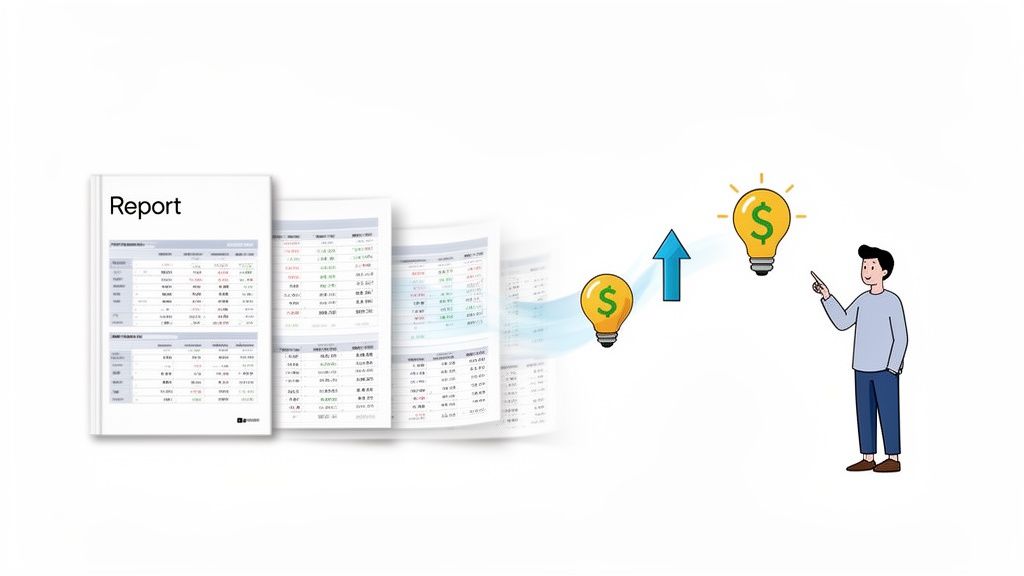 An illustration shows financial reports generating money-making ideas, explained by a person, symbolizing growth.