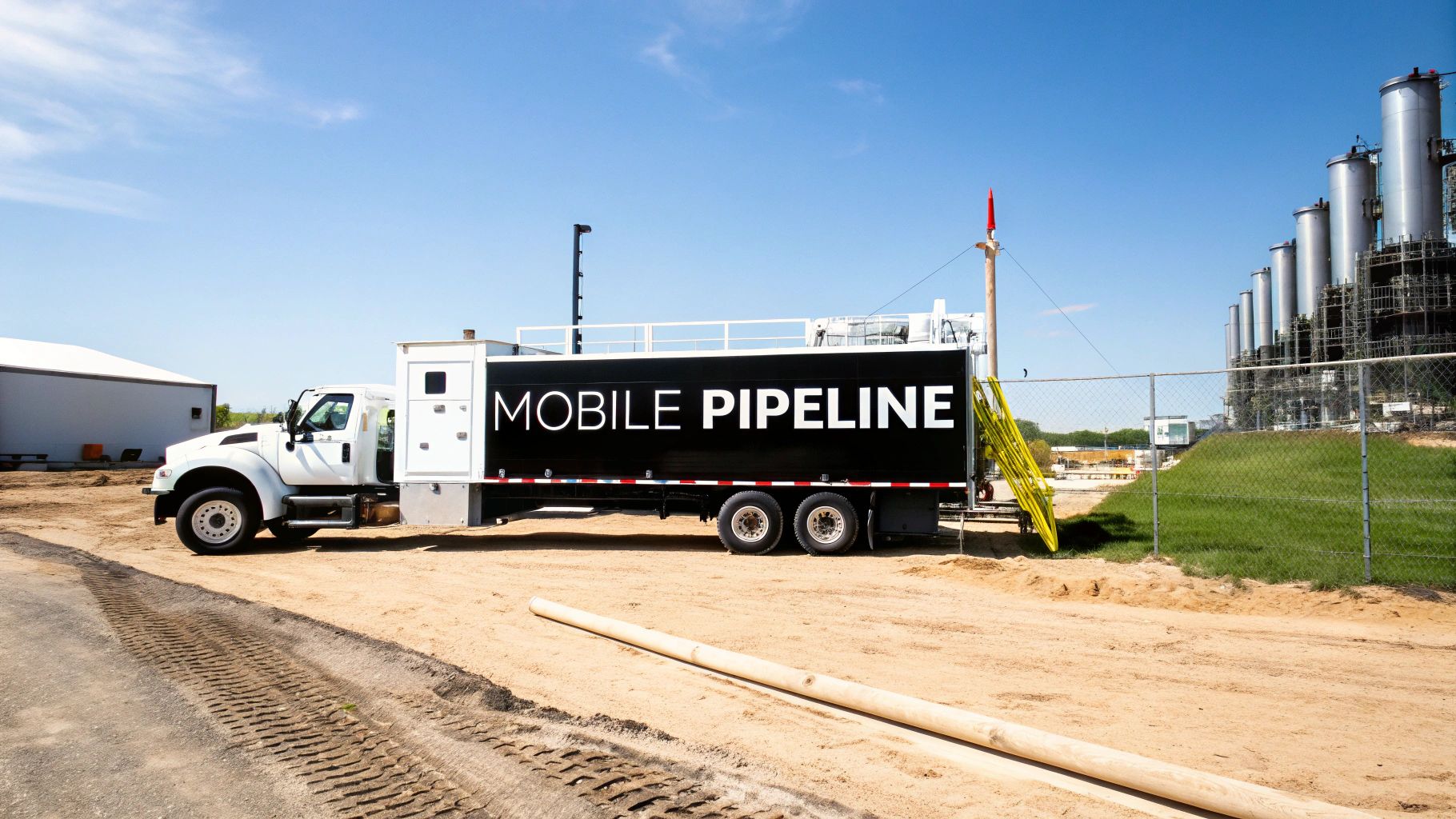 White 'MOBILE PIPELINE' truck parked on a dirt path next to an industrial plant with tall silos.