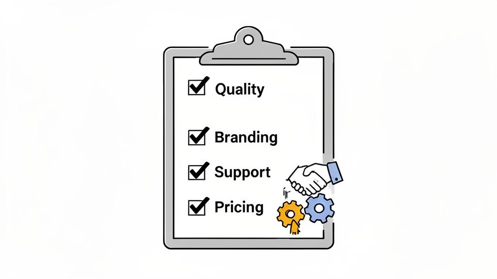 Checklist on a clipboard marking 'Quality', 'Branding', 'Support', and 'Pricing'. Hands shake above gears, symbolizing partnership.