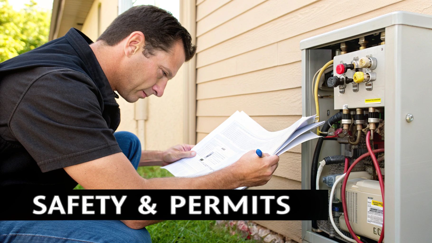 A man reviews documents next to an outdoor utility box, emphasizing safety and permits for installation.