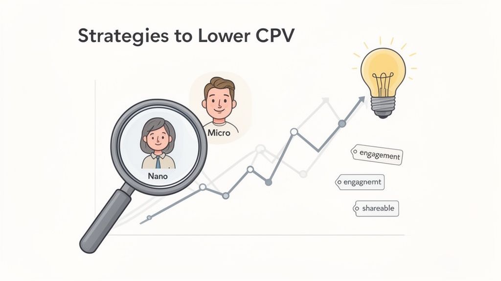 Illustration of strategies for marketers learning how to calculate cost per view and lower it using influencers, engagement, and shareable content.