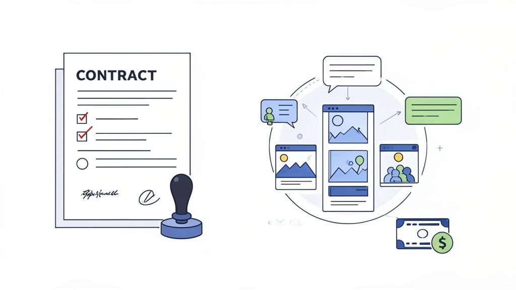 Digital illustration showing the flow of social media collaborations from contract to content, communication, and payment.