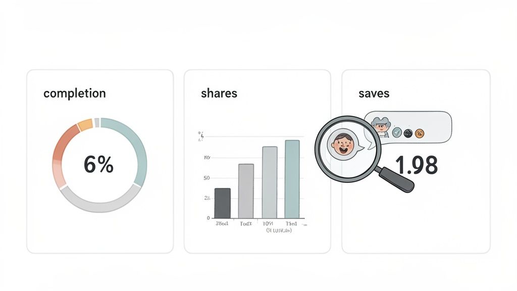 Digital dashboard displaying performance metrics: 6% completion, shares bar chart, and 1.98 saves.