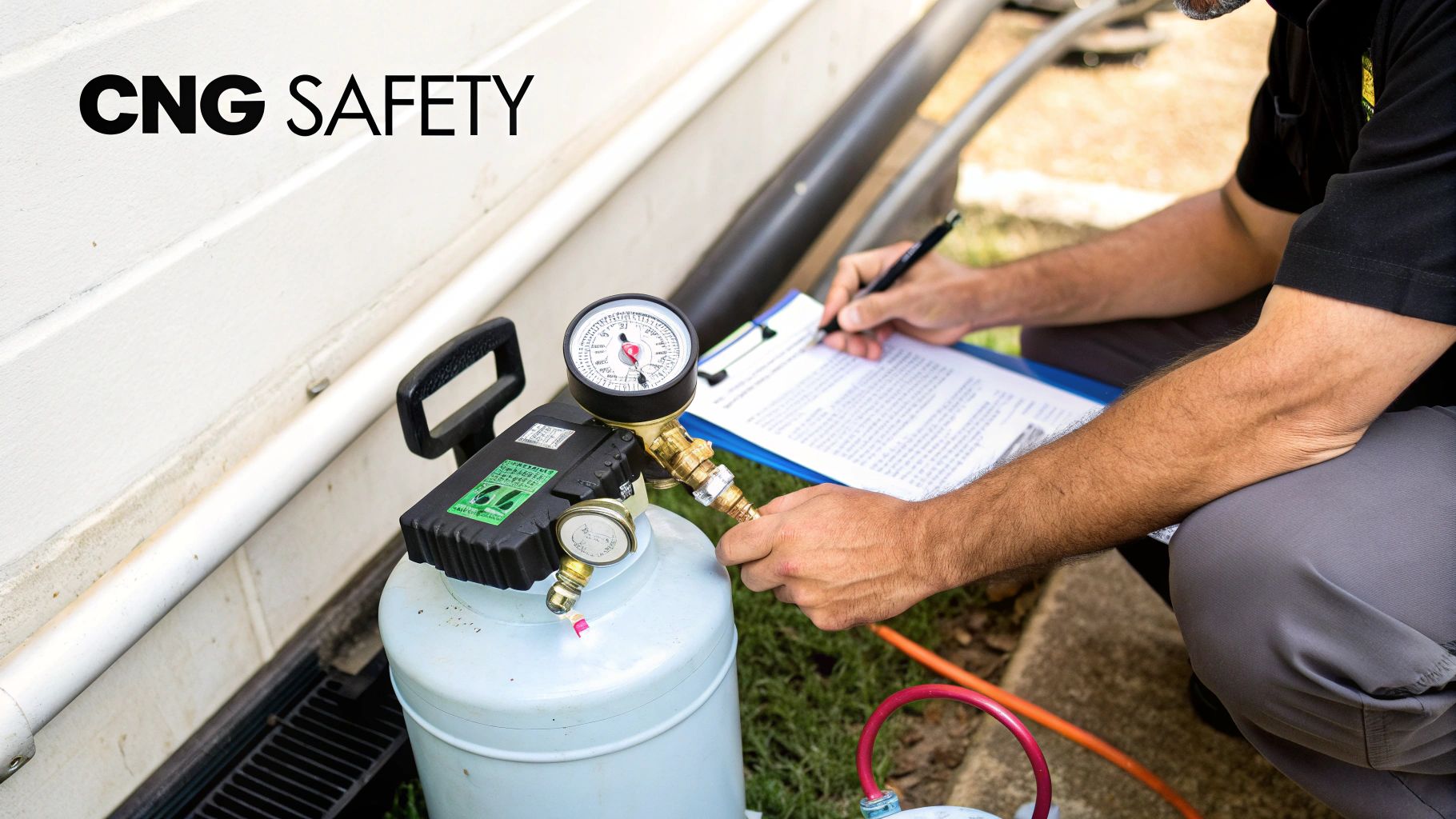 A technician performs a safety check on a CNG cylinder, recording data on a clipboard.
