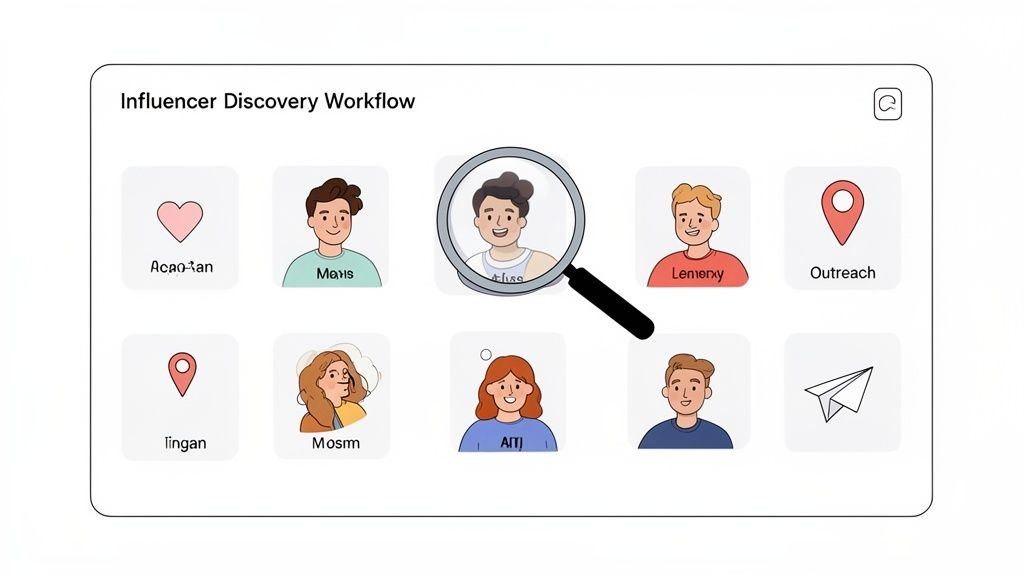 A workflow diagram titled 'Influencer Discovery Workflow' shows various profile cards and icons, with a magnifying glass highlighting one profile which is a key part of any product launch marketing plan.