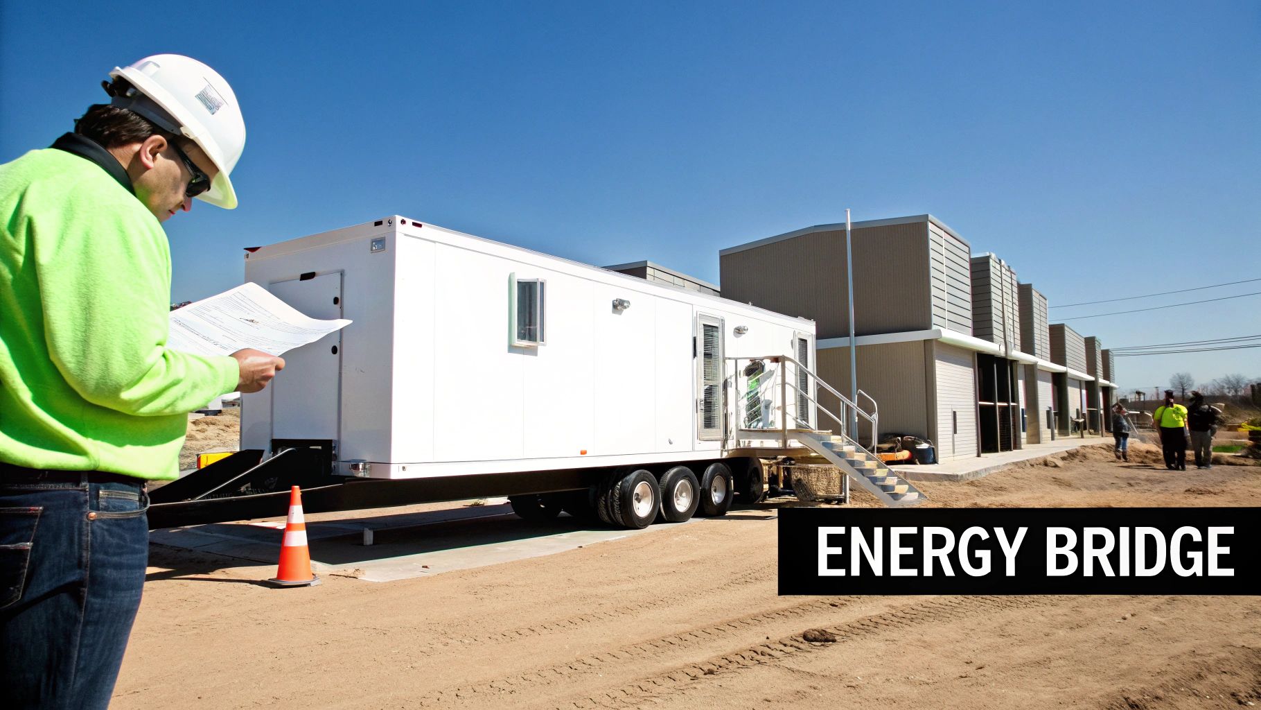 Man reviews plans at an Energy Bridge construction site with mobile office and modular buildings.