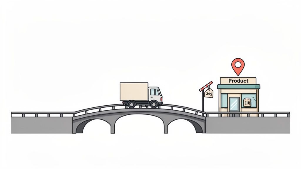 A delivery truck travels over a bridge towards a product store with a location pin.