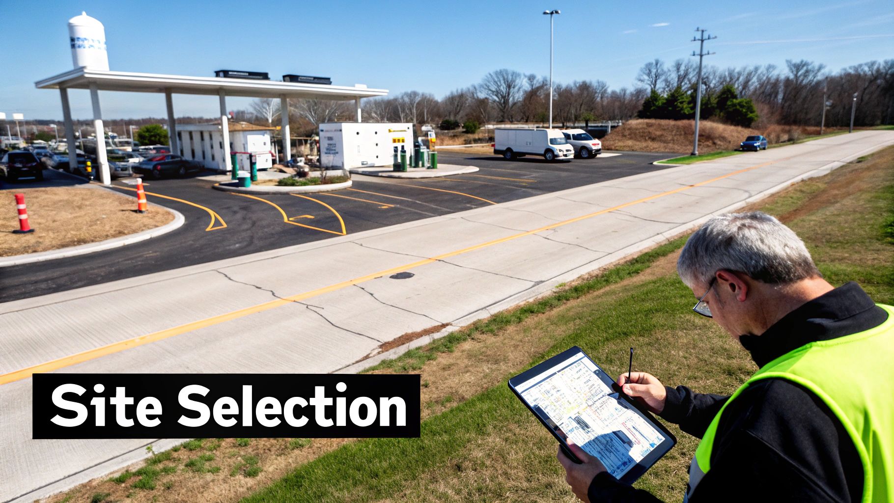 Engineer reviewing site selection plans on tablet for CNG refueling station construction project