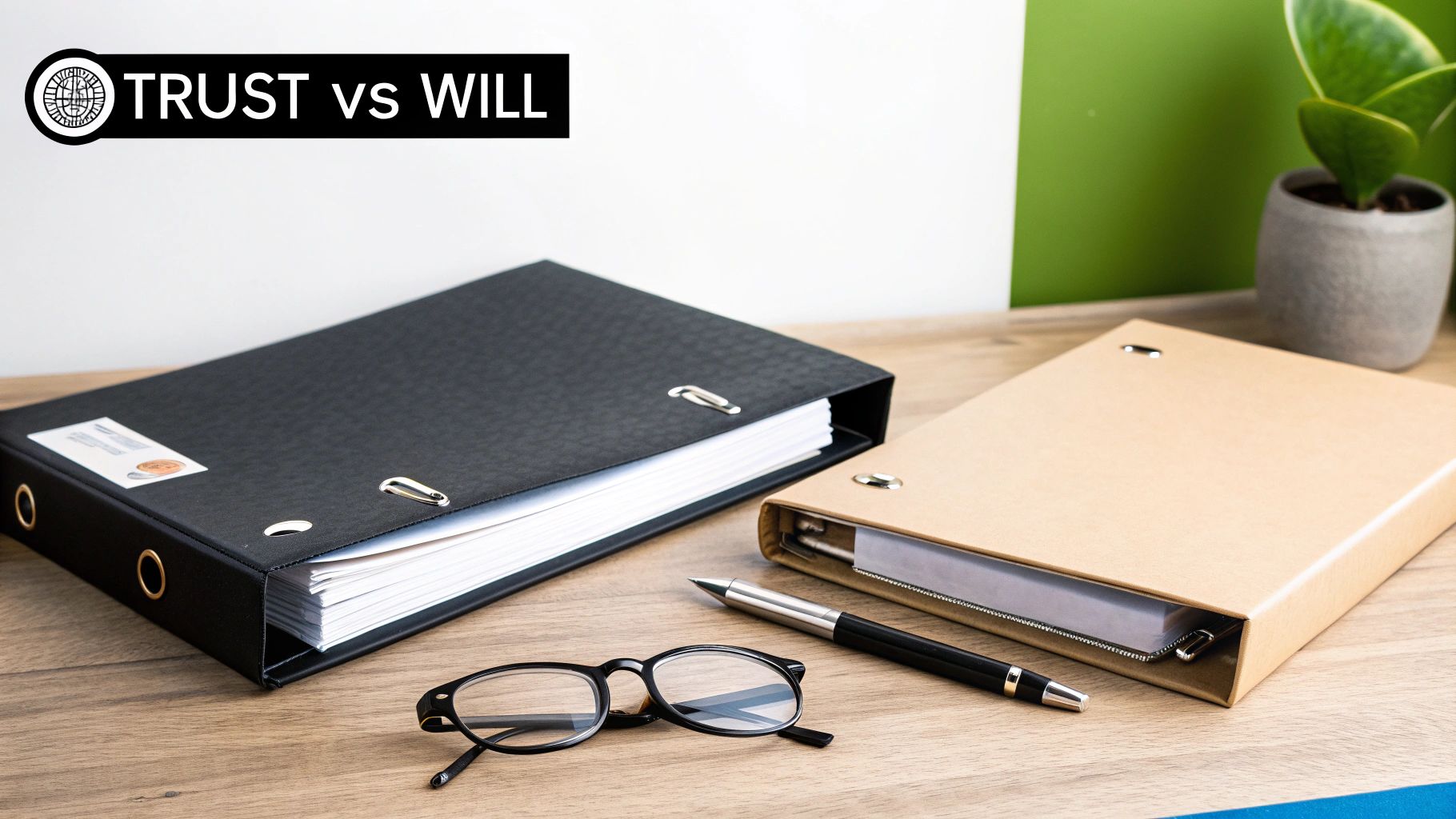 Two binders, a pen, and glasses on a wooden desk, illustrating the concept of 'Trust vs Will'.