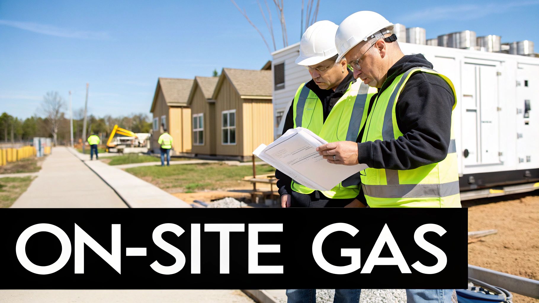 Two construction workers in hard hats and vests review documents on a sunny job site.
