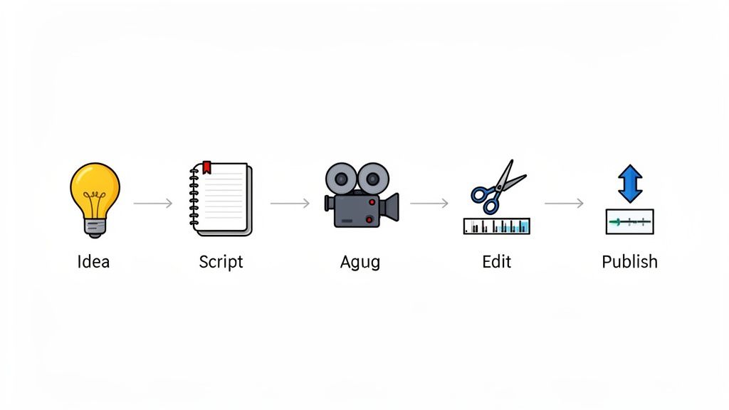 A content creation process flowchart showing steps like idea, script, recording, editing, and publishing.