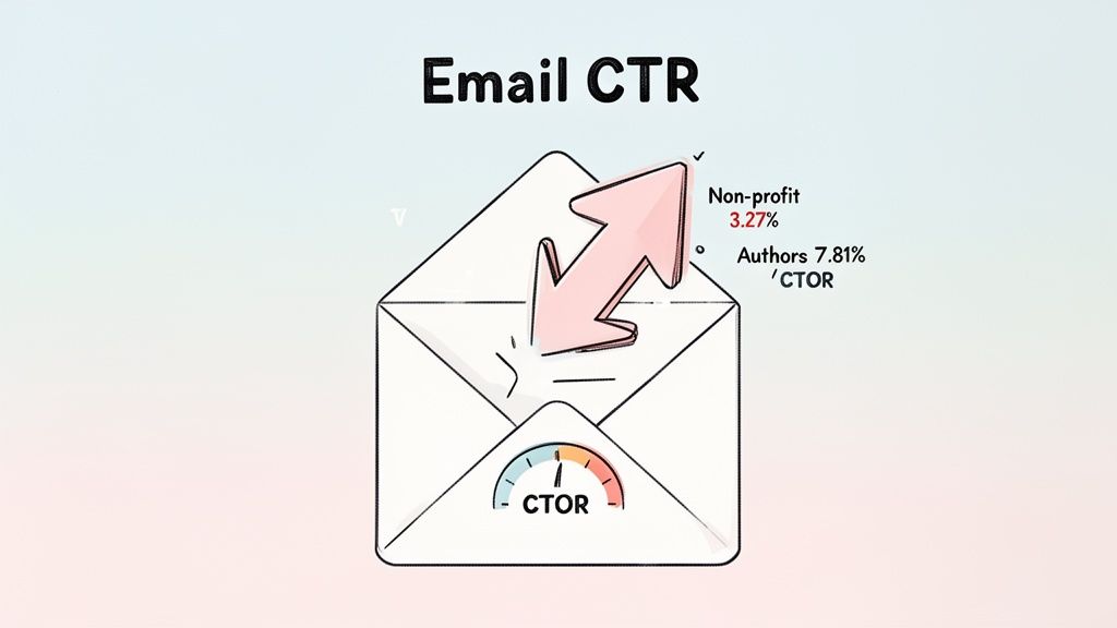 An email envelope illustrating Click-Through Rate (CTR) with benchmarks for non-profit and authors.