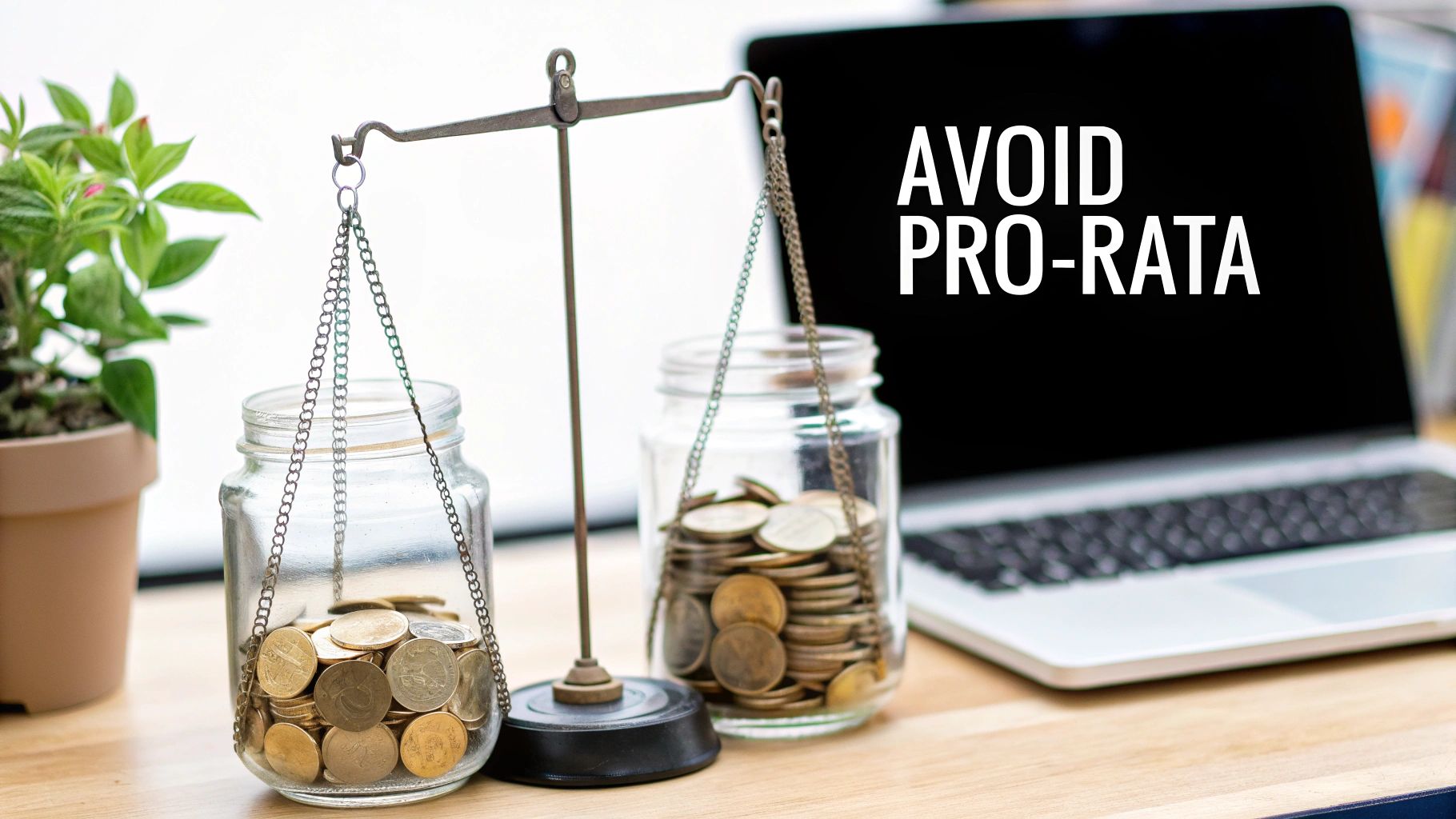 A balance scale with jars of coins, one heavily weighted, next to a laptop displaying "AVOID PRO-RATA".