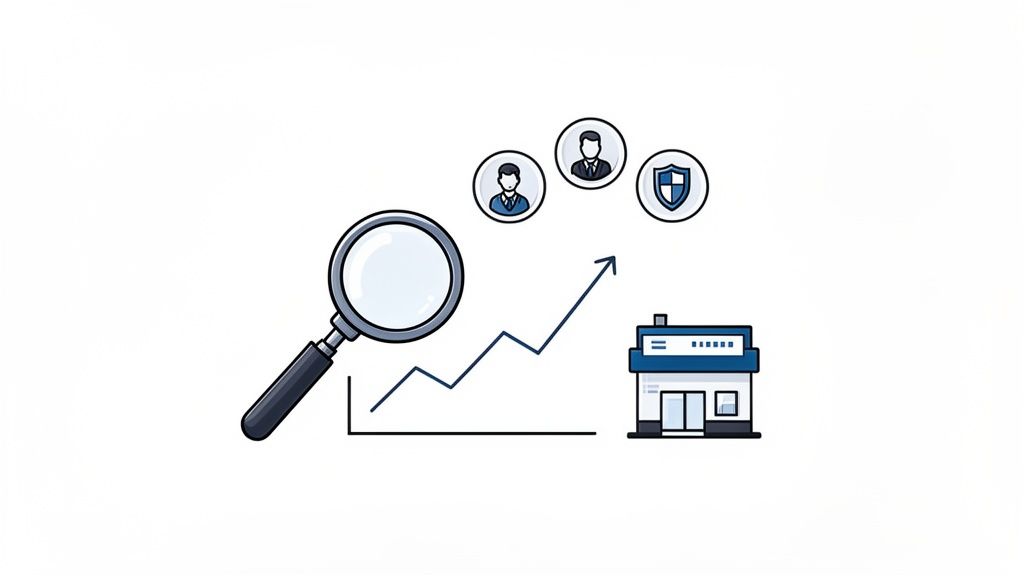 Visualizing business growth and security through analysis, people, and a company structure.
