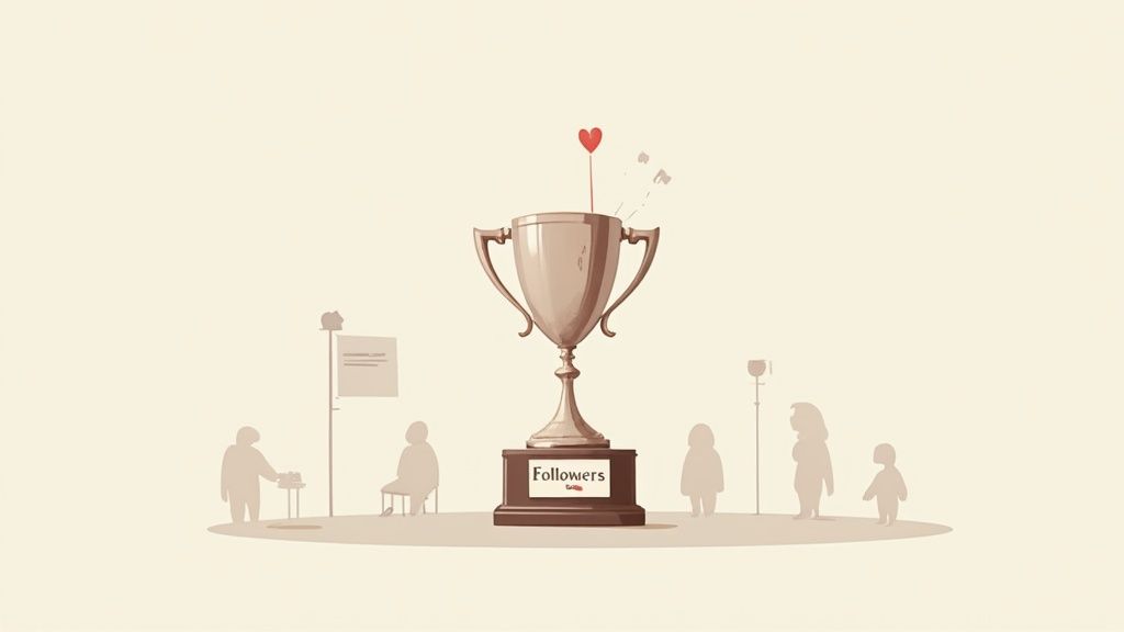An illustration contrasting a 'Followers' trophy and heart with silhouettes of people in everyday or medical settings, a key influencer marketing mistake to avoid.