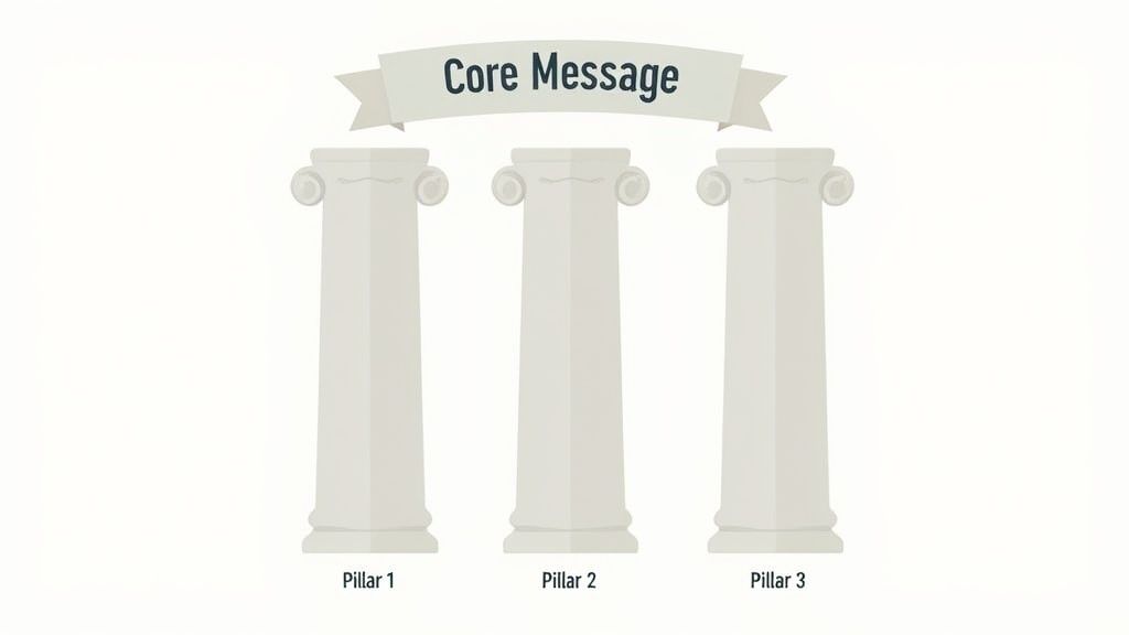 Three white classical pillars supporting a banner displaying the text "Core Message". Each pillar is labeled sequentially.