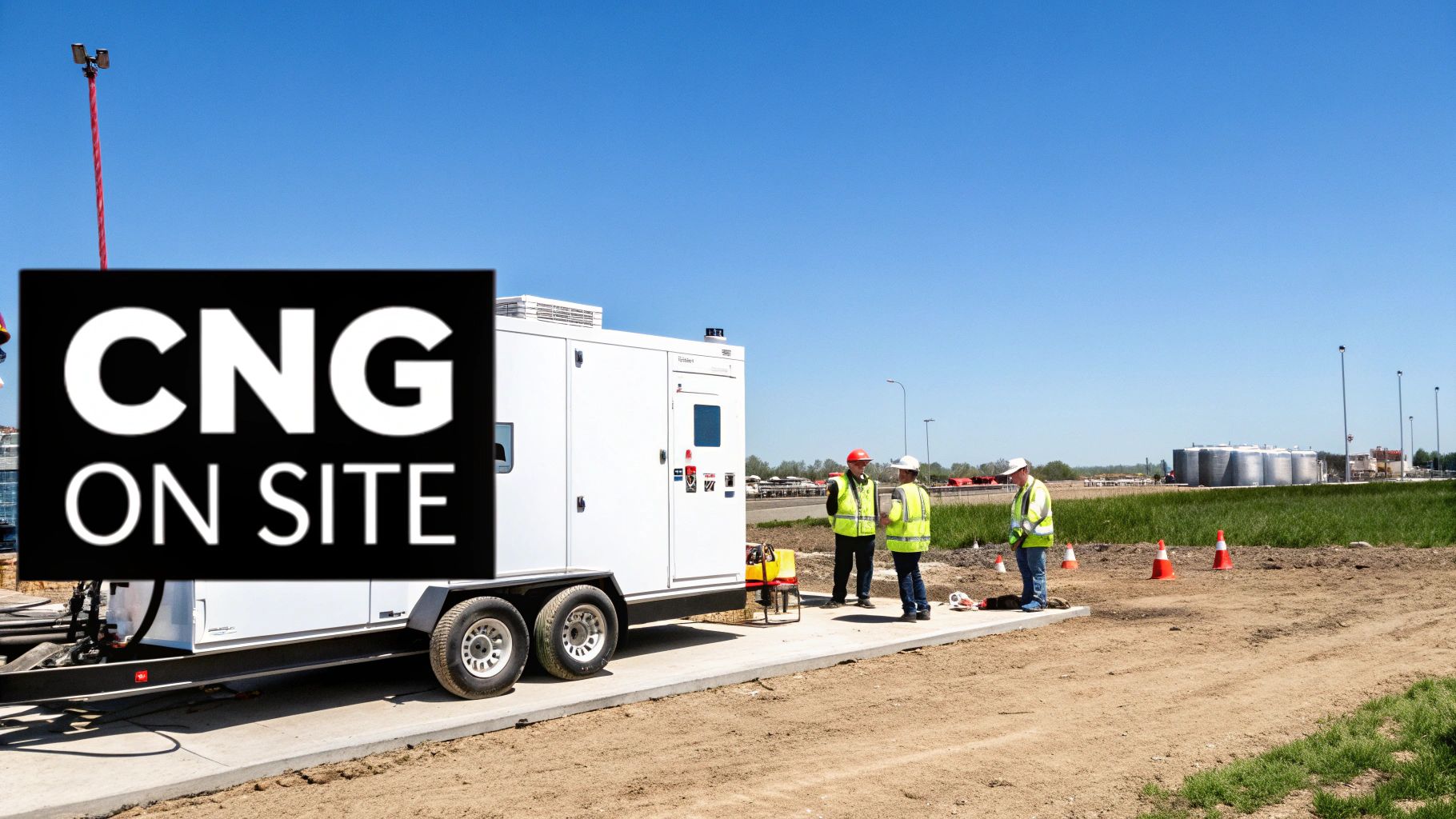 Three construction workers stand next to a portable CNG unit at an industrial site under a blue sky.