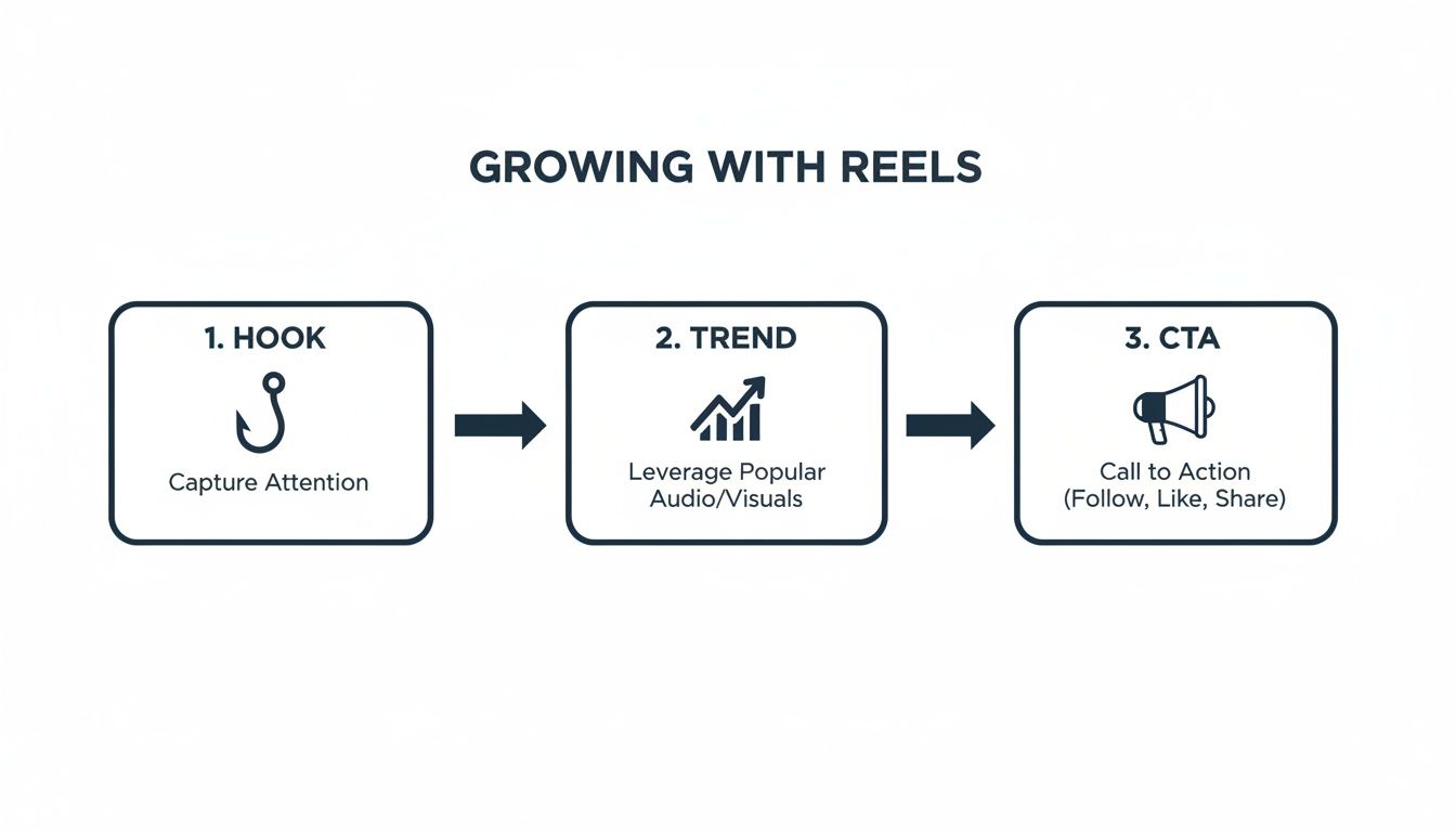 Infographic showing a three-step process for growing with Instagram Reels: Hook, Trend, and CTA.