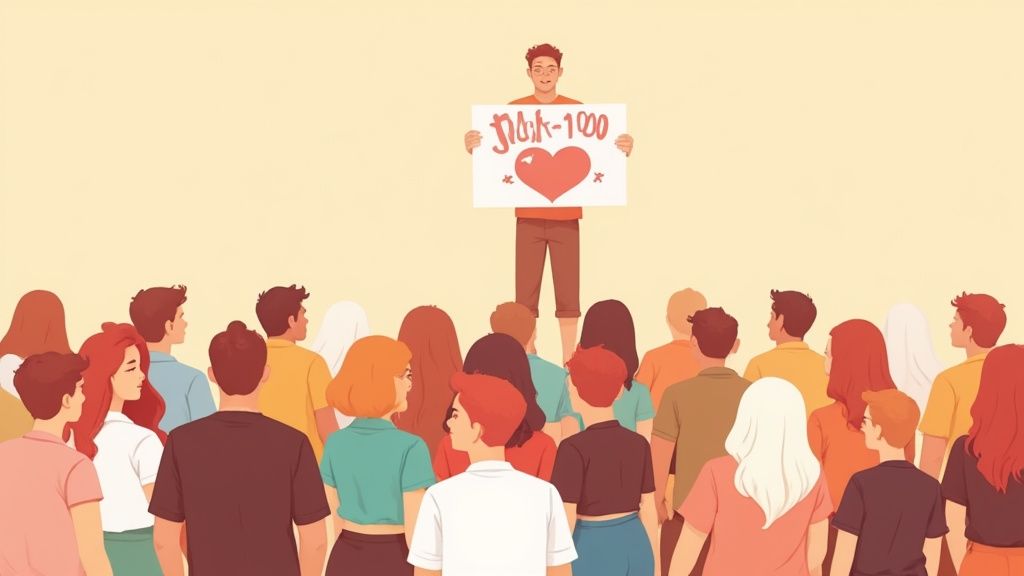 A man holding a 'MAK-100' sign with a heart symbol presents to an attentive diverse crowd who want to learn what is a micro-influencer.