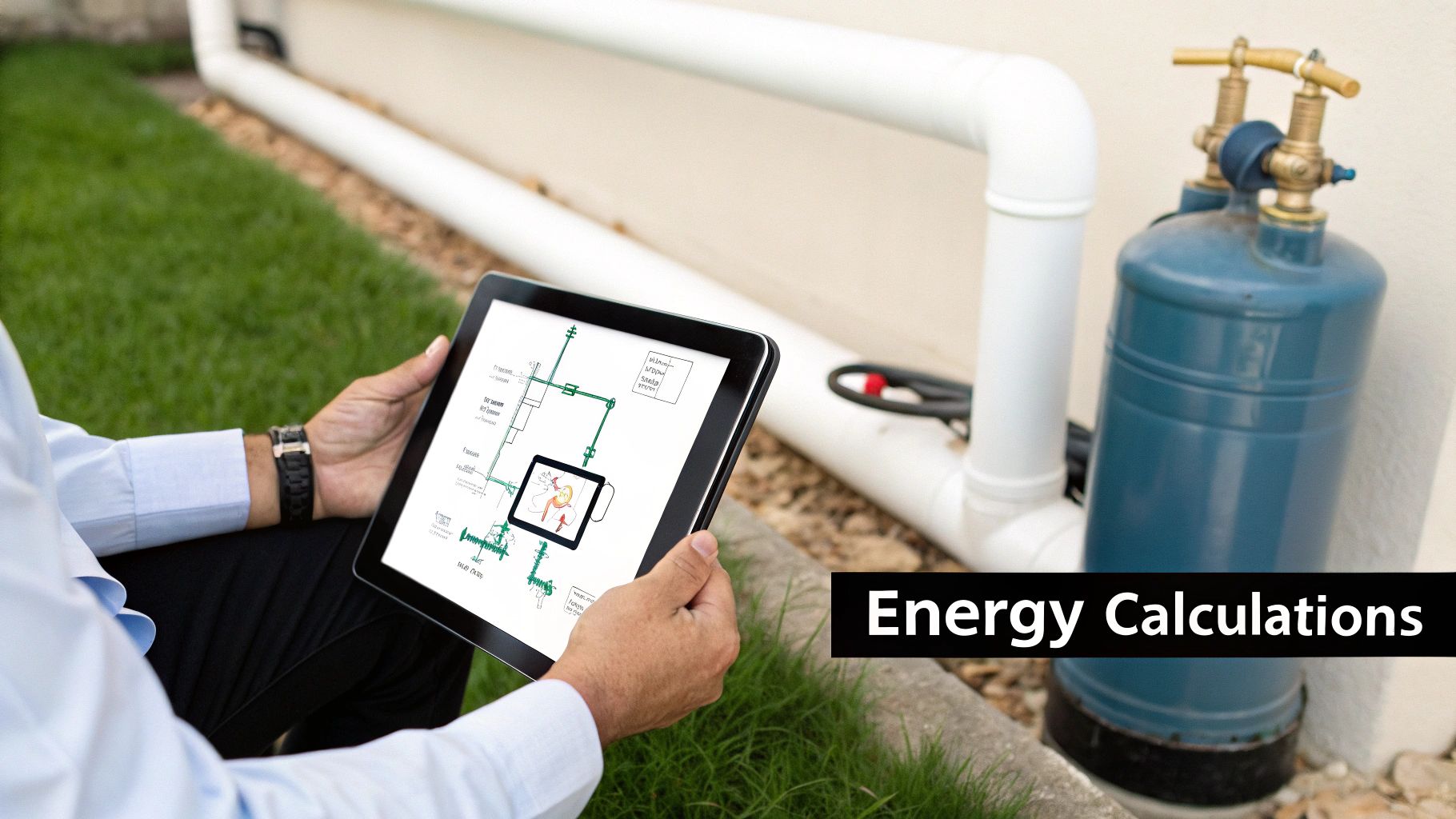 A person holds a tablet displaying a technical diagram for energy calculations near pipes and a gas cylinder.