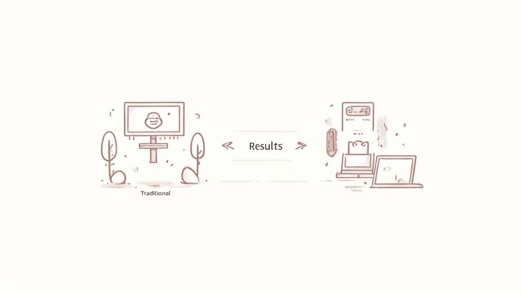 A person comparing digital marketing and traditional marketing on a visual chart.