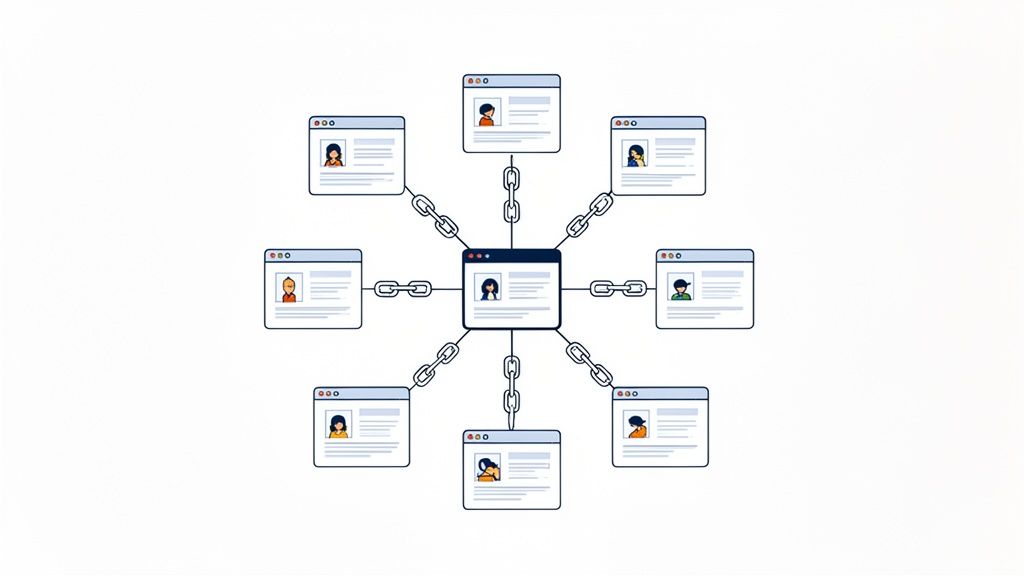 A central user profile page linked by chains to eight surrounding user profile pages, illustrating a network.