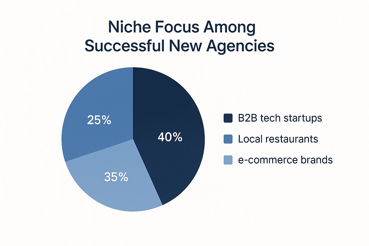 Infographic showing the distribution of niche focus among successful new social media marketing agencies, with B2B tech startups at 40%, local restaurants at 35%, and e-commerce brands at 25%.