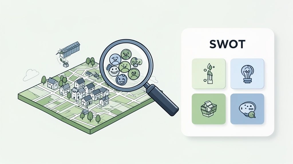 Illustration of market research and SWOT analysis for community development and planning.