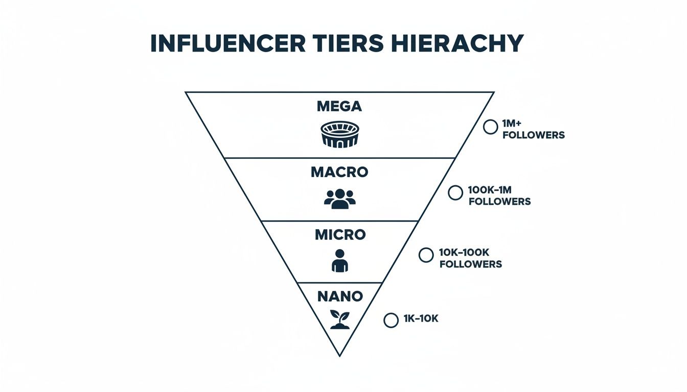 An infographic illustrating the influencer tiers hierarchy: Mega, Macro, Micro, and Nano, with their respective follower counts, helping to visualize the micro influencers definition.
