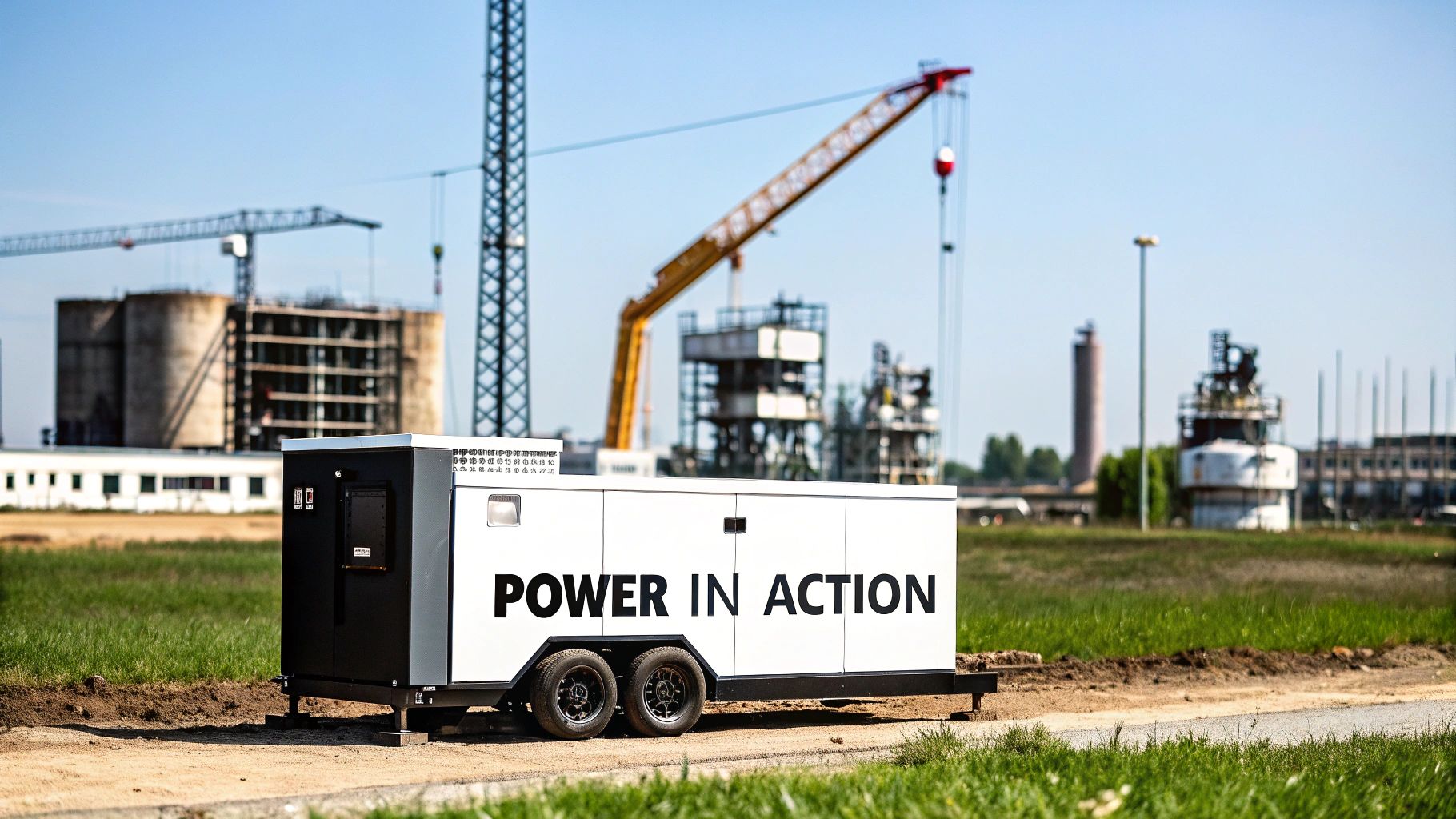A construction site at dusk with temporary heating and power units running.