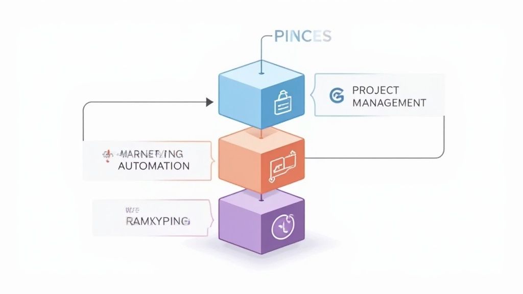 Three stacked cubes representing marketing operations components: project management, automation, and ramkyping with PINC-S integration