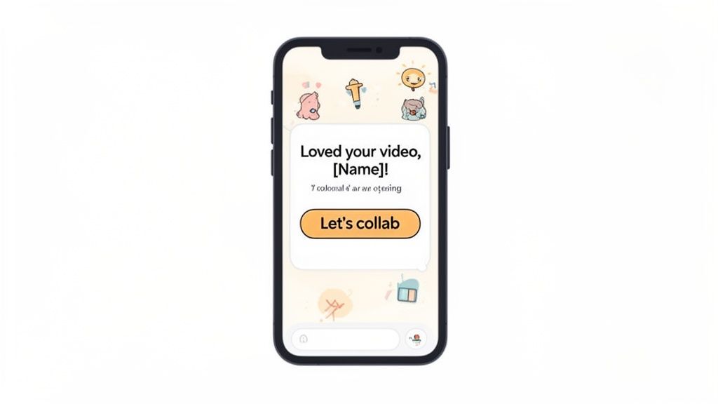 A mobile phone displaying a pop-up message 'Loved your video, [Name]!' with a call to action button to 'Let's collab'.