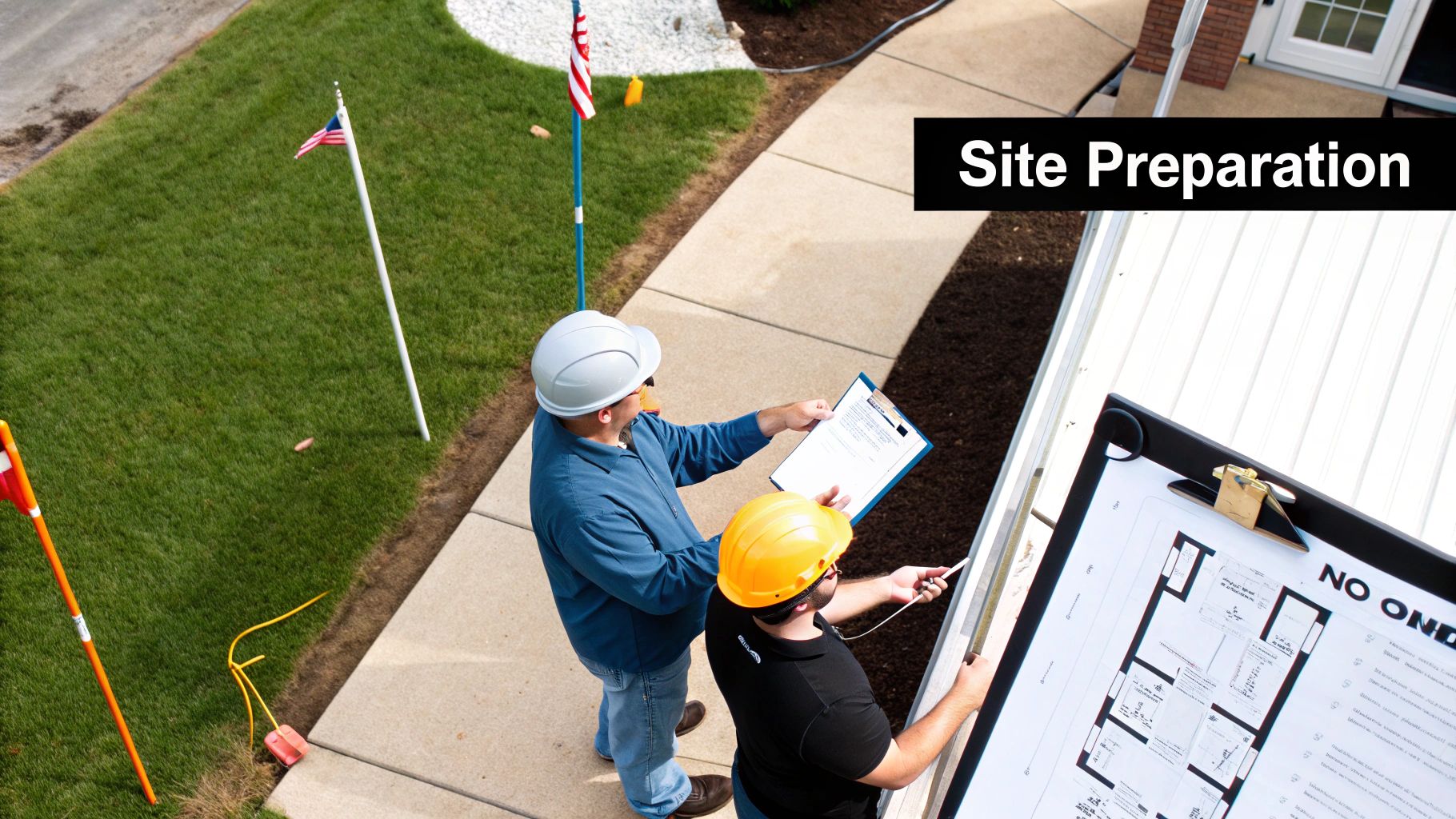 Two construction workers in hard hats reviewing blueprints and documents during site preparation.