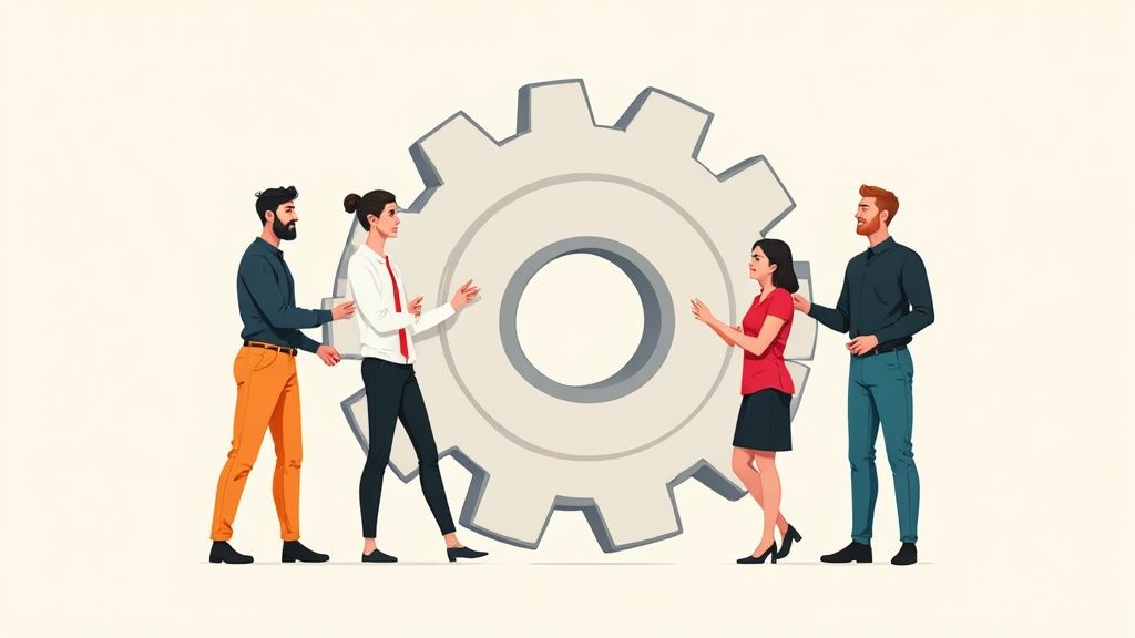 A group of diverse professionals working together, symbolizing the specialized team an agency provides.