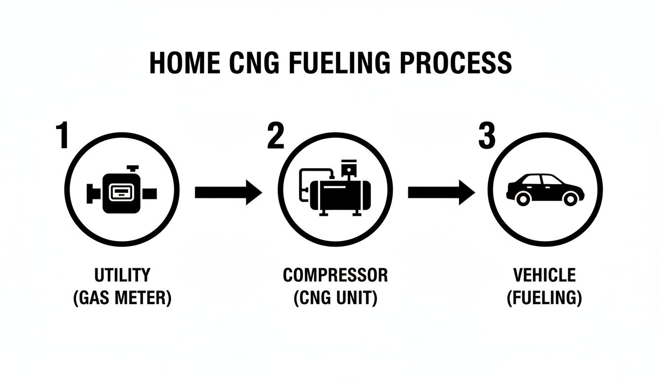 Diagram showing a three-step home CNG fueling process: gas meter to compressor to vehicle.