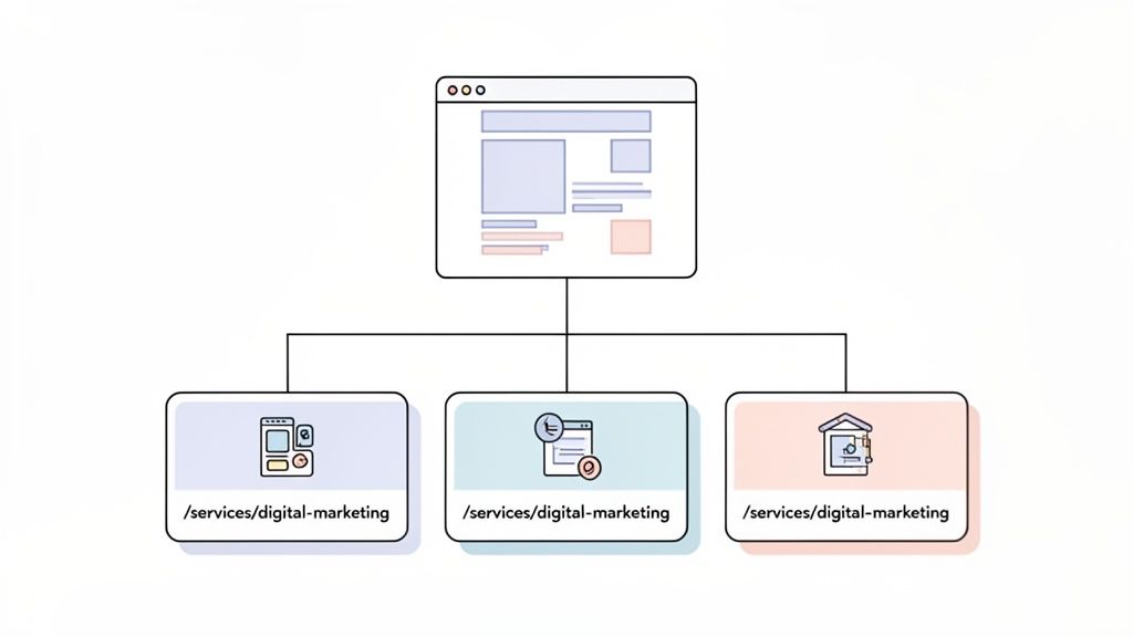 Website structure diagram for digital marketing services, illustrating content, social media, and local SEO branches.