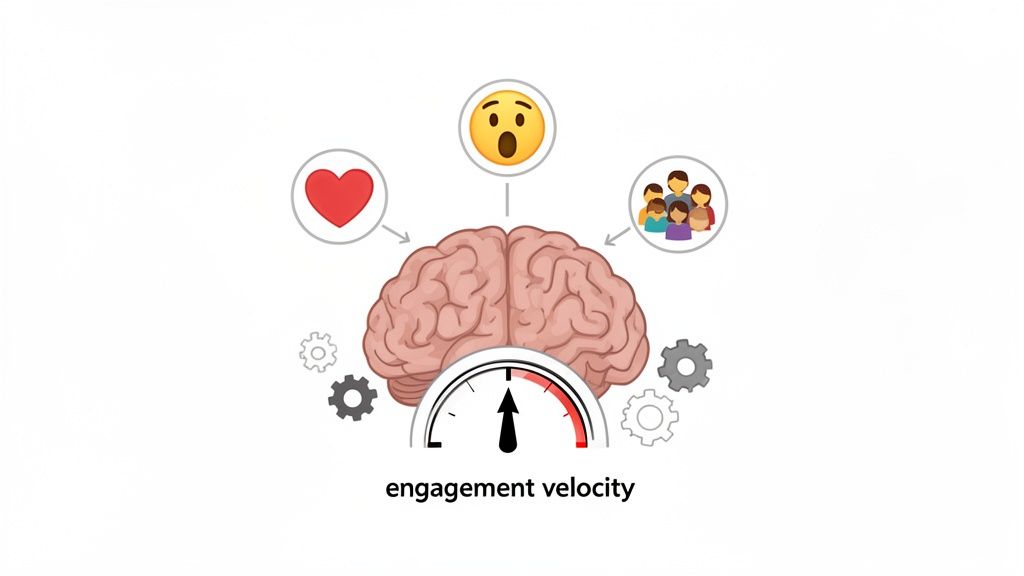 A brain diagram showing emotional, surprising, and social factors driving engagement velocity.