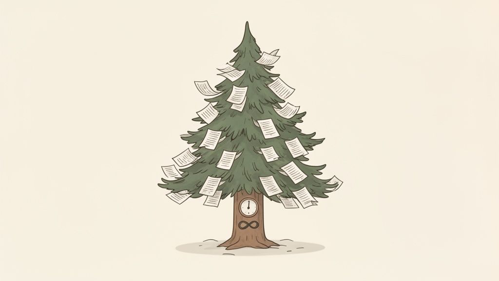 Cartoon evergreen tree adorned with paper documents, featuring a clock and an infinity symbol carved into its trunk.