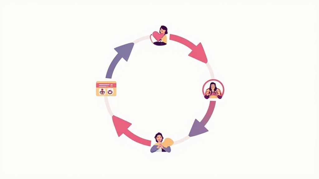 A circular marketing cycle diagram with icons: person holding heart, person with hands to chest, person with fan, and a cassette tape.