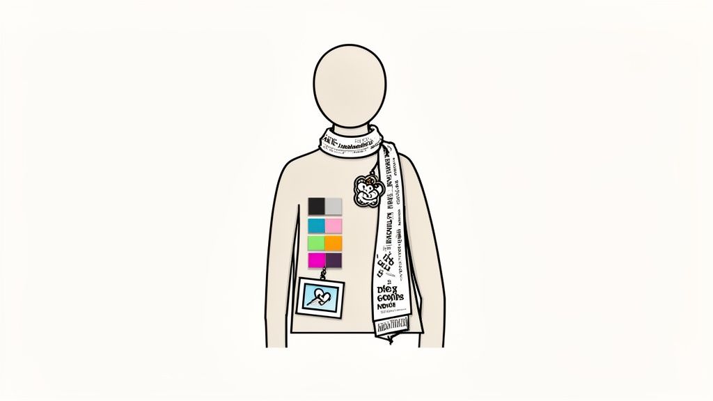 A stylized illustration of a person's torso featuring color swatches, a heart emblem, and a printed scarf.